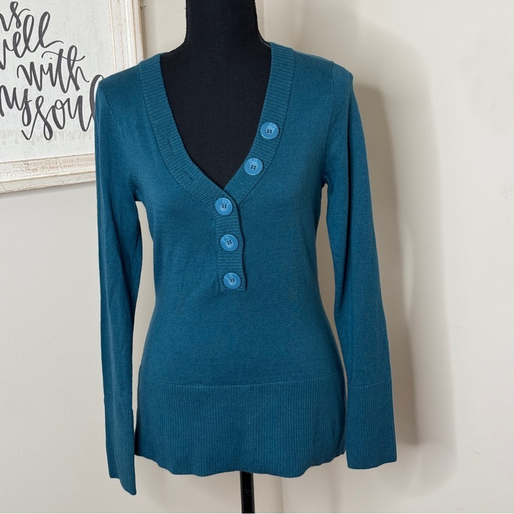 Sundance Teal Button Front Henley Sweater Cotton Rabbit Hair Blend Sz S